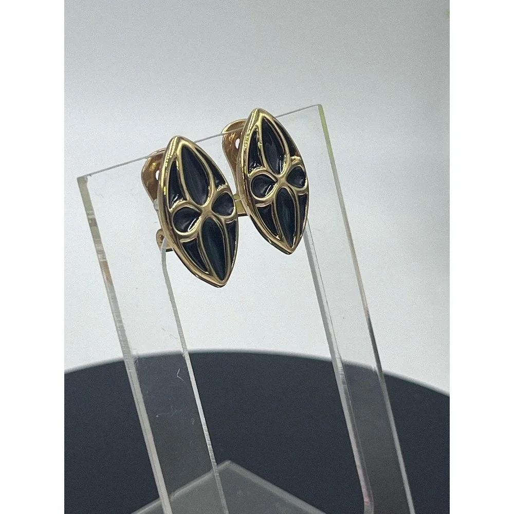 Authenticated Givenchy NY Vintage Black‎ Enamel signed Gold Tone Clip Earrings